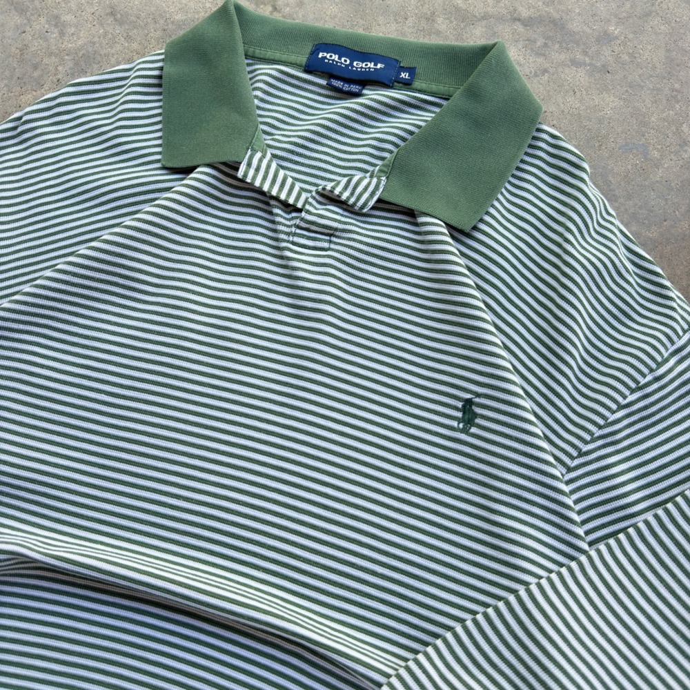 Vintage 90s Polo Ralph Lauren Golf Striped Polo Shirt Preppy Green XL (h3)